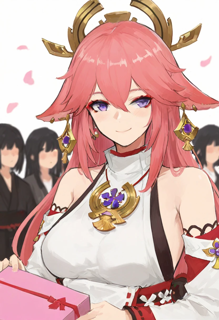 1 Girl,  Yae Miko,  unique ,  pink hair,  purple eyes,  long hair,  Watching the Audience , Animal ears,  white background ,  fox ears,  hair between eyes , Jewelry, Shirtless, earrings, breast,  Simple background , petal,  Smile,  upper body, Shut up, Japanese clothing, Separate sleeves, Eyeshadow,  Hair accessories , cosmetic, Direct vision, shirt, white shirt, Unconventional witch, falling petal, sleeveless 
,, masterpiece, are of the best quality, in the gift box is very beautiful, ridiculous results 
