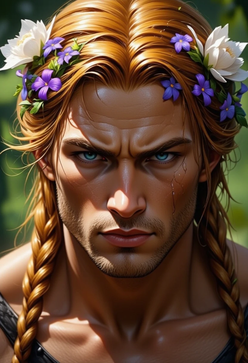 A суровый 35-year-old sexy muscular man и широким прямоугольным подбородком  with ginger hair cascading down in soft waves, styled into milkmaid braids interwoven with delicate wildflowers. 