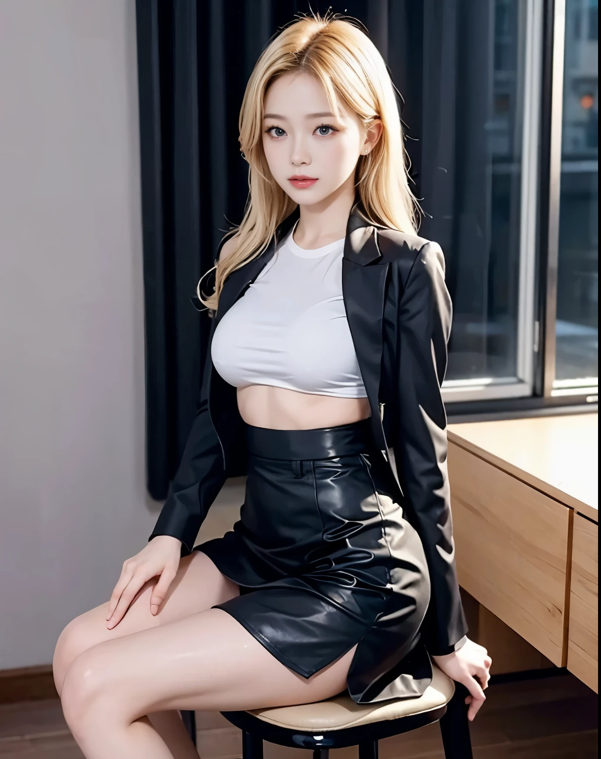 masterpiece, top quality, realistic , 1 girl, night office, Positive, sit on the chair , Narrow Waist , moonlight, See-through blouse, princess your ddler, tight skirt , Tight jacket, Working women, Beautiful Medium Hair , Blonde, Thick Ass , realistic 美しいlegs, stockings, protruding nipples, The whole body is sticky with body oil, Well-Trained Body , abs, professional lighting , pubic skin , Full body photo including toes