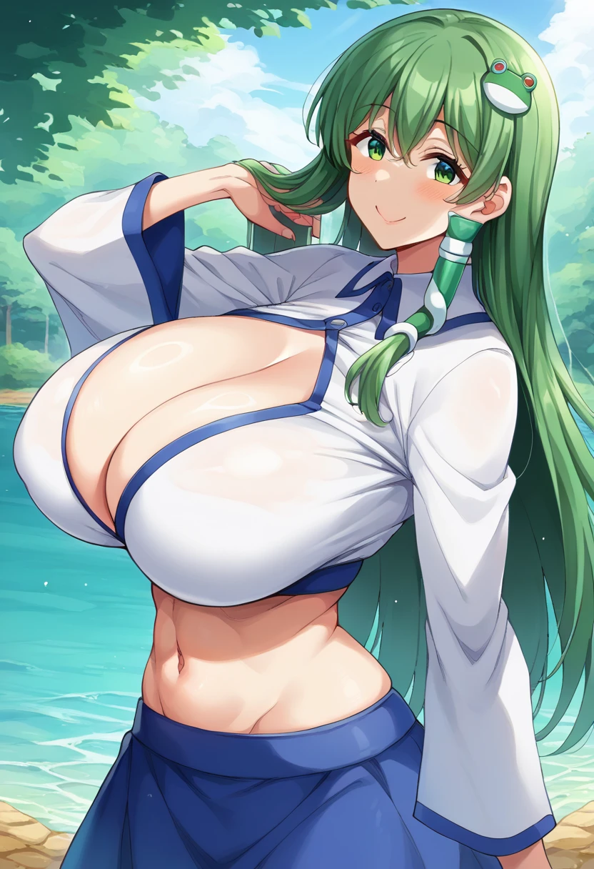 ( masterpiece ), ( top quality), (8k), (  super high resolution), ( top quality), (  Anime Style), (Best writing), (  beautiful face), ( masterpiece ), ( top quality), (detailed  beautiful face and eyes), (  textile shading  ), ( cowboy shooting), (lake), ( Fall Leaves 　Vaginal discharge),  1 girl , Alone, Kochiya Sanae  ,  1 girl ,  green hair,  long hair,  green eyes,  frog hair accessories  , Hair Tube, Snake hair ornament,  colored shirt  ,  white shirt,  detachable sleeves , wide sleeve, blue skirt,  ruffle skirt, Big Breasts , Beautiful breasts , smile, Picking up hair  , from side,,、  zzz c up  , explosive chest,特大の Big Breasts,Big Breasts, Big Breasts,超Big Breasts, supermilk ,big Breasts,big Breasts,Big Breasts,Big big breasts,bigger breasts,big,セクシーな大きなシリコンの Big Breasts,セクシーなビッグサイズのシリコン製Big Breasts,  saggy breasts during pregnancy,((垂れ下がった Big Breasts)),((重く垂れた Big Breasts:1.5))、Obscene body,Fat ,,  Erotic Manga Style Body 、  mature adult-like body steam、 Ser's Huge  、 Ser's Huge  、  s up er exaggerated  、 extra large、 over covered ,  Hidden Breast Erection  、  abs