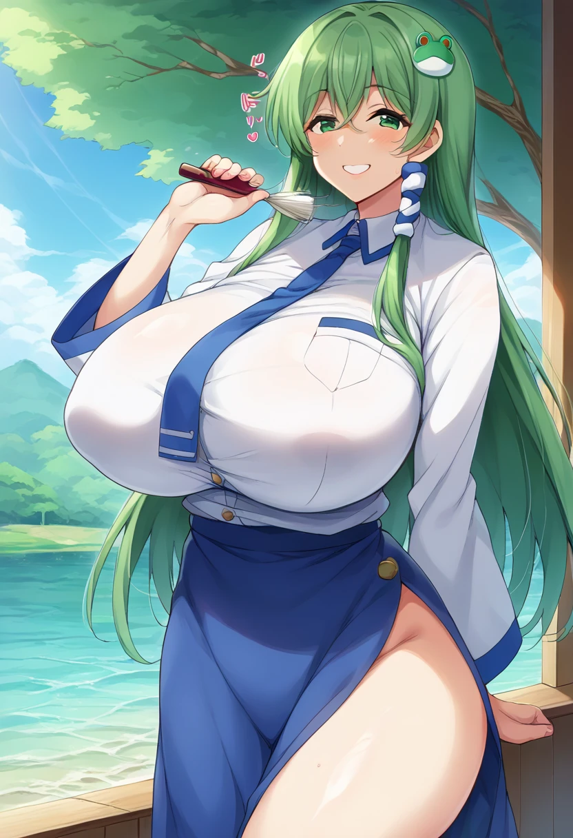 ( masterpiece ), ( top quality), (8k), (  super high resolution), ( top quality), (  Anime Style), (Best writing), (  beautiful face), ( masterpiece ), ( top quality), (detailed  beautiful face and eyes), (  textile shading  ), ( cowboy shooting), (lake), ( Fall Leaves 　Vaginal discharge),  1 girl , Alone, Kochiya Sanae  ,  1 girl ,  green hair,  long hair,  green eyes,  frog hair accessories  , Hair Tube, Snake hair ornament,  colored shirt  ,  white shirt,  detachable sleeves , wide sleeve, blue skirt,  ruffle skirt, Big Breasts , Beautiful breasts , smile, Picking up hair  , from side,,、  zzz c up  , explosive chest,特大の Big Breasts,Big Breasts, Big Breasts,超Big Breasts, supermilk ,big Breasts,big Breasts,Big Breasts,Big big breasts,bigger breasts,big,セクシーな大きなシリコンの Big Breasts,セクシーなビッグサイズのシリコン製Big Breasts,  saggy breasts during pregnancy,((垂れ下がった Big Breasts)),((重く垂れた Big Breasts:1.5))、Obscene body,Fat ,,  Erotic Manga Style Body 、  mature adult-like body steam、 Ser's Huge  、 Ser's Huge  、  s up er exaggerated  、 extra large、 over covered ,  Hidden Breast Erection  、  abs