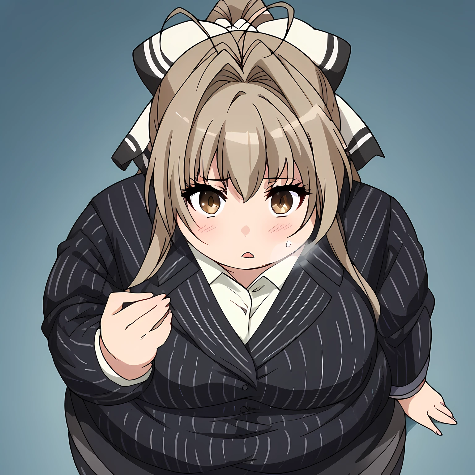 score_9, score_8_up, score_7_up, source_anime,
isuzusento, isuzu sento, long hair, brown hair, bow, brown eyes, ponytail, hair intakes, antenna hair,
skirt, pantyhose, striped, formal, suit, pinstripe pattern, skirt suit, pinstripe suit,
office, hands on hips,
looking at viewer, cowboy shot, dutch angle, solo, swollen face, fat, chubby, obese, open mouth, out of breath, absurdres, highres icon, rating:General, confused, blush, {flustered}, nervous sweating, portrait, pov hands, hand on another's cheek, averting eyes, [looking away], straight-on, from above,  upper body, masterpiece, best quality, ultra-detailed, high resolution, 8K, 