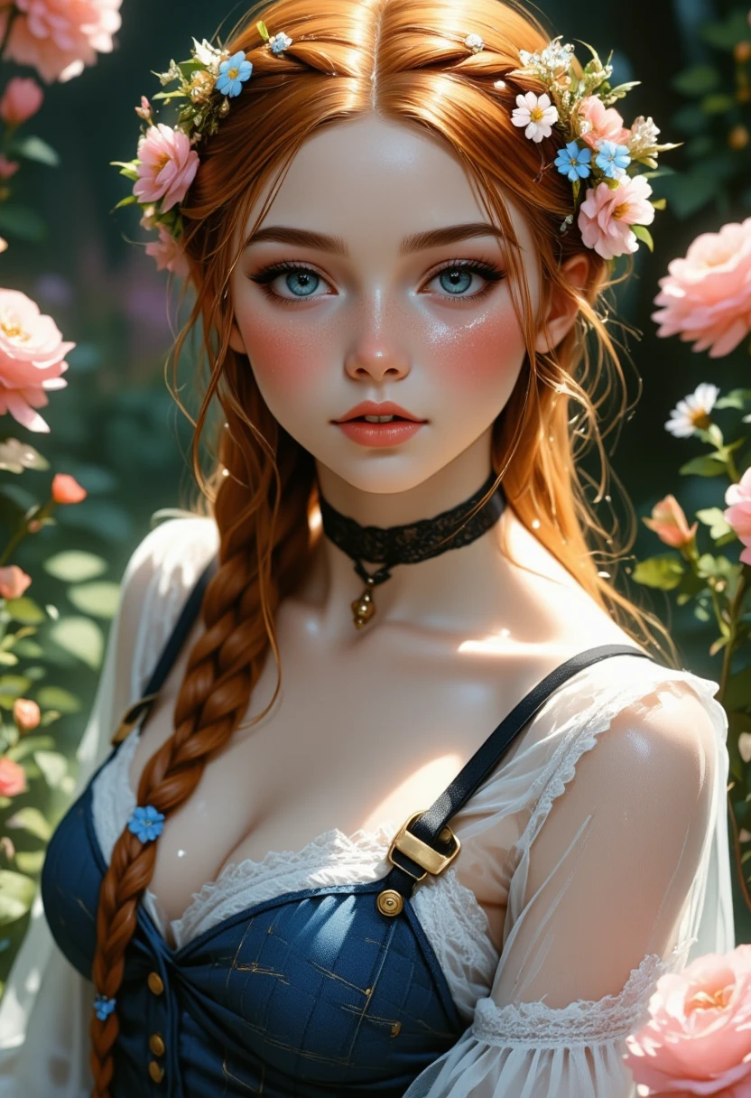 A 22-year-old woman with fiery ginger hair cascading down in soft waves, styled into charming milkmaid braids interwoven with delicate wildflowers. Her porcelain complexion is adorned with a sprinkle of freckles, framing her strikingly bright blue eyes that sparkle with warmth and curiosity. High, elegant cheekbones accentuate a button nose and plush, rosy lips, giving her an enchanting and youthful allure. Her petite frame is draped in bobby socks with playful pastel stripes, complementing a flirty, blue chambray plaid short skirt that sways with every step. She exudes an air of sophistication in a sheer white button-down shirt, tastefully tucked in and adorned with a dainty black lace choker that gracefully encircles her neck, adding a touch of elegance to her ensemble.