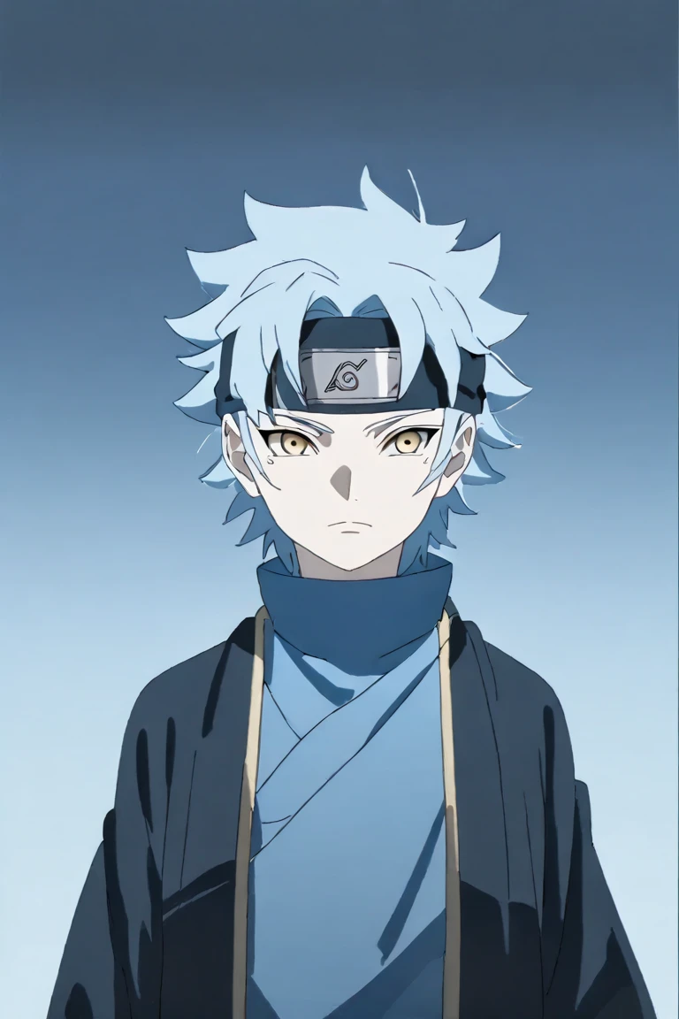 An anime-style character with messy shoulder-length light blue hair, wearing a traditional outfit of a blue shirt and black overcoat. He has golden eyes that exude confidence and calm, with a black headband tied around his forehead, reminiscent of a warrior or ninja. The background is a simple light blue gradient, emphasizing his calm but determined demeanor.