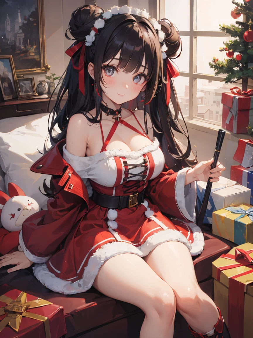 //Character 1girl, female santa, slim and soft, medium large breast, ultra detailed face, super cute, innocent, round face, thick eyeblow, sparkly pupils, translucent skin, smiling full of compassion, side swept bangs with a bun, black hair, red innner colors, multi color hair, curly hair,
BREAK
//Fashion Her outfit is inspired with santa claus, it consists red overcoat with white fluffy rim, red off-shoulder attire , red shorts, knee-high lace-up boots, sparkly jewerlies, large red ribbons, choker,
BREAK
//LOCATION warm and bright room, fluffy stuffed toys, a lot of present boxes,
BREAK
// behavior
lie on her back , chillout time,