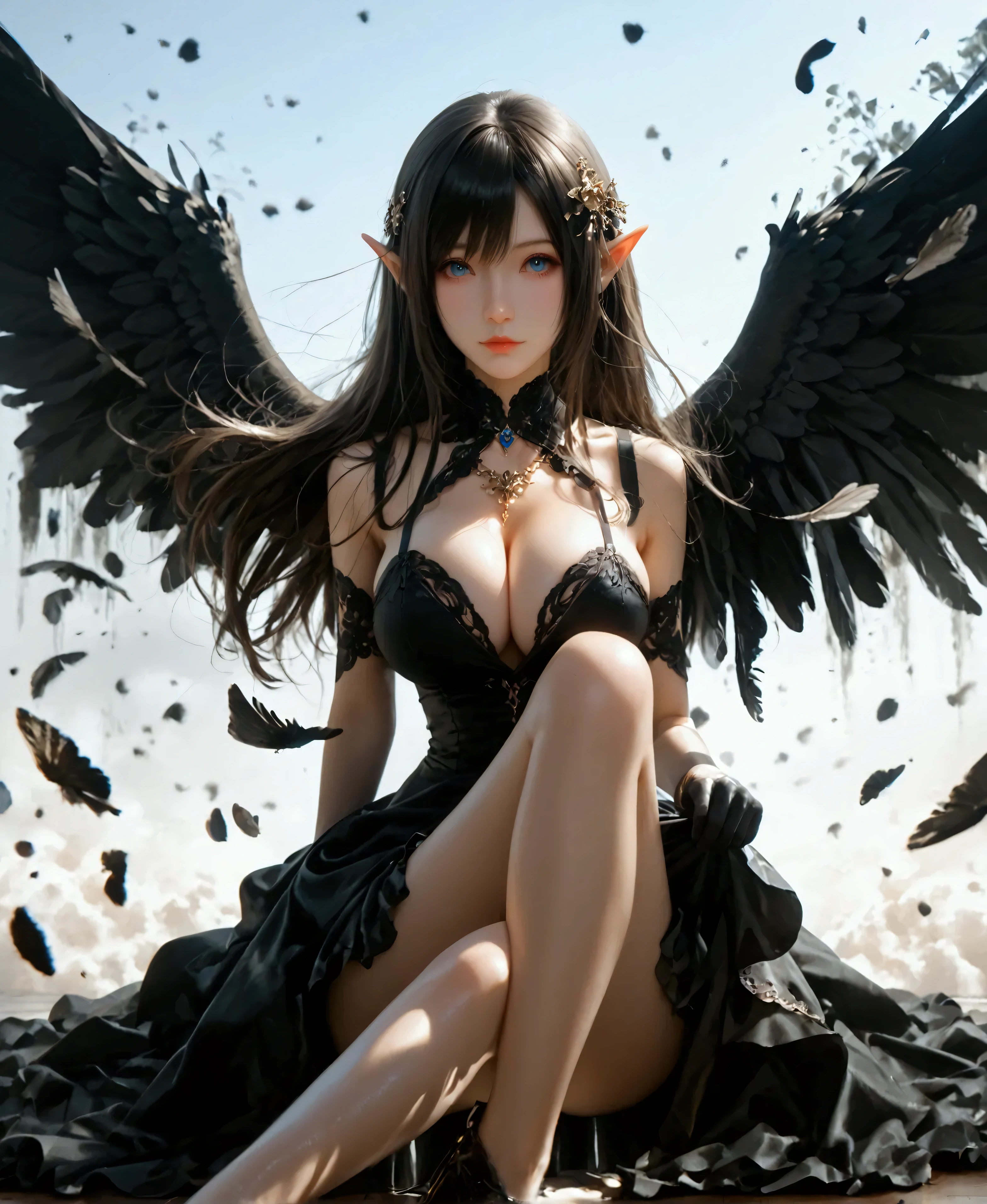 close up of a anime angel sitting on a tree branch in the rain, angelic wings on her back, epic angel wings, ross tran 8 k, ross tran style, angel girl, dark angel, fallen angel, super wide angel, inspired by Ross Tran, angelic, beautiful cyborg angel girl, by Ross Tran, angel with black wings, massive angel wings, wide angel, angel