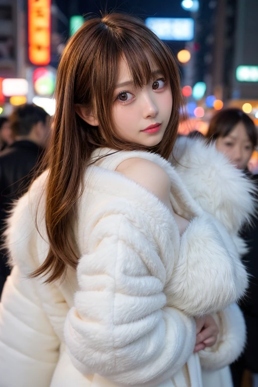 winter, urban area, Tokyo, in the midnight, gorgeous cityscape, amid the crowd, dressed fluffy warm fashion, tilt head forward, fidgeting, expression of heart is pounding with tension, blushing, medium length hair, pale orange and brown hair, hair fluttering in the wind, beautiful white-colored translucent skin, slendar figure, adult sexiness, alluring, glossy face, cold and shivering, {realistic}, {cinematic}, {photogenic}