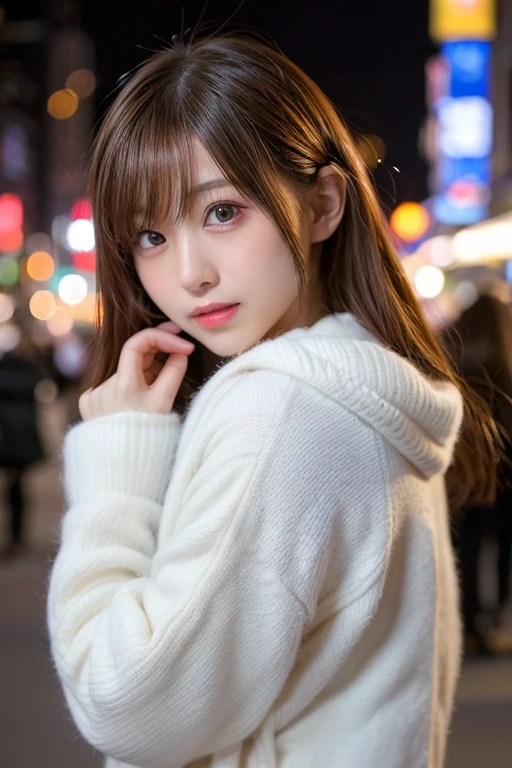 winter, urban area, Tokyo, in the midnight, gorgeous cityscape, amid the crowd, dressed fluffy warm fashion, tilt head forward, fidgeting, expression of heart is pounding with tension, blushing, medium length hair, pale orange and brown hair, hair fluttering in the wind, beautiful white-colored translucent skin, slendar figure, adult sexiness, alluring, glossy face, cold and shivering, {realistic}, {cinematic}, {photogenic}