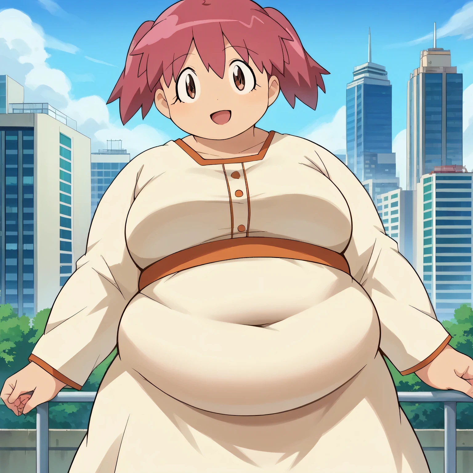 score_9, score_8_up, score_7_up, source_anime,
natsumihinata, natsumi hinata, short hair, twintails, pink hair, brown eyes,
long sleeves, dress, white dress,
outdoors, cityscape, smile,
looking at viewer, dutch angle, cowboy shot,fat, chubby, obese, gigantic arms and legs, large breasts open mouth, out of breath