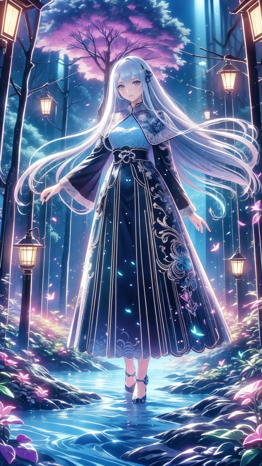  super high resolution,  Magical Atmosphere ,  bright color, Dynamic Lighting.  a girl with long silver hair 、 standing on a giant tree branch on a lantern floating in a fantastic forest,  Emerald Eyes ,  in a gown with leaves and flowers .  standing on a giant tree branch above a mysterious forest with floating lanterns , Glowing Butterfly. A fantastic night sky with stars , Big Moon.  Wide Angle Shot ,  soft luminous lighting ,  dreamy effect 
