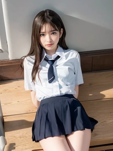 school uniform,((())),No makeup,High resolution,Professional Photos,High resolution,Small breasts,,slim, Lie on your back on the bed, Open your legs and show your underwear, Fearful expression, Tears in my eyes, ((Her skirt is rolled up))