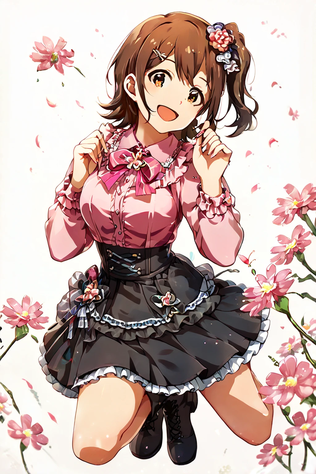 1girl, solo,
kasuga mirai, brown hair, brown eyes, short hair, 1girl, flower, solo, hair ornament,
cute, kawaii, pink blouse, 1girl, solo, pink shirt, black skirt, suspender dress, frills, lace, black boots, full body, jirai fashion, white background, simple background,
(masterpiece、Highest quality、Very detailed)), One girl, gyaru, Large Breasts, open mouth, smile, looking viewer,