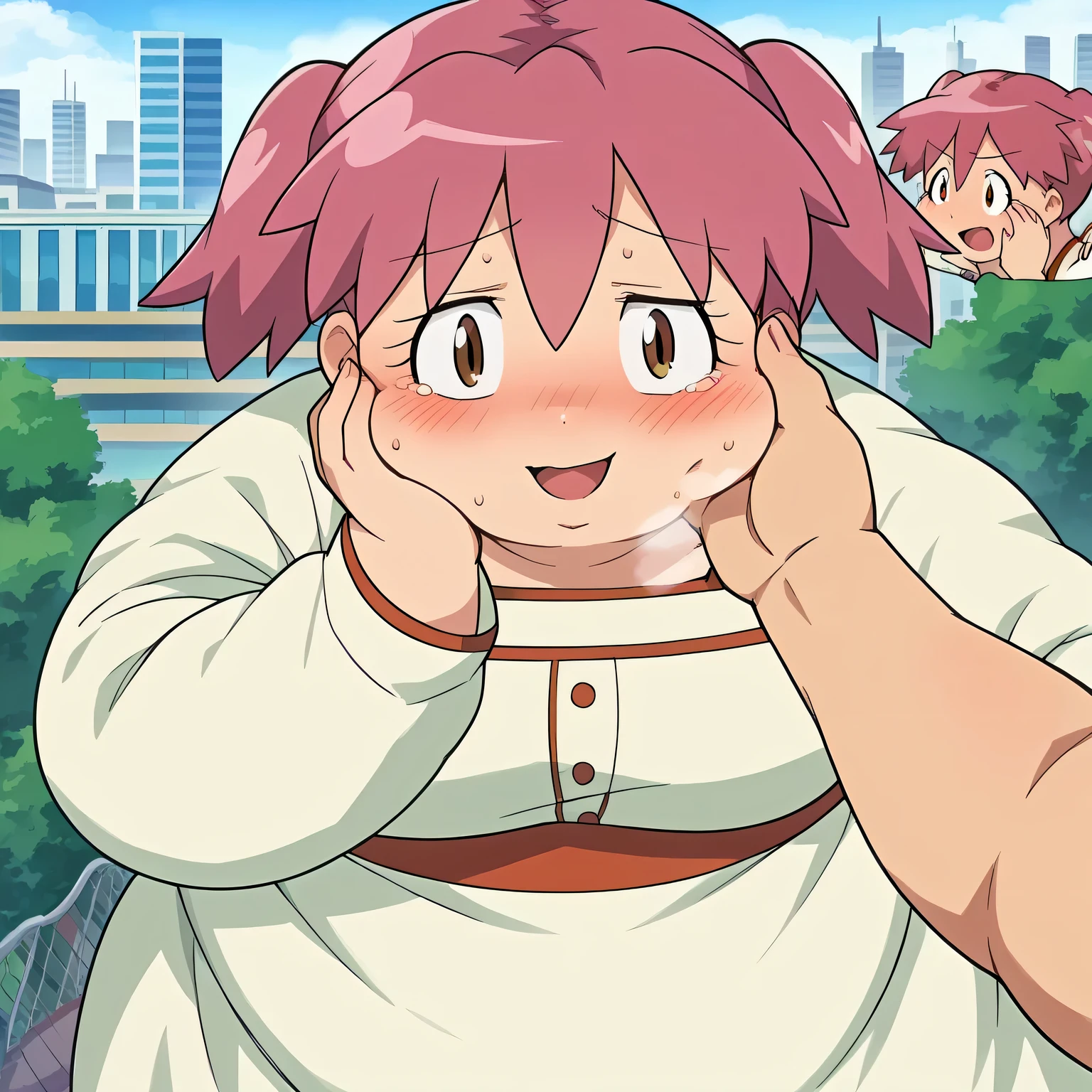 score_9, score_8_up, score_7_up, source_anime,
natsumihinata, natsumi hinata, short hair, twintails, pink hair, brown eyes,
long sleeves, dress, white dress,
outdoors, cityscape, smile,
looking at viewer, dutch angle, cowboy shot,swollen face, fat, chubby, obese, open mouth, out of breath, absurdres, highres icon, rating:General, confused, blush, {flustered}, nervous sweating, portrait, pov hands, hand on another's cheek, averting eyes, [looking away], straight-on, from above,  upper body, masterpiece, best quality, ultra-detailed, high resolution, 8K, 