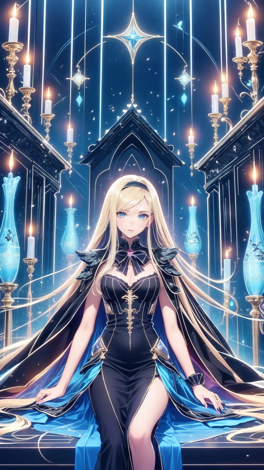  Create a photorealistic dark chapel image set , The Blonde of ,  features an anime-style girl character as the protagonist . She is depicted as an evil high priestess.,  She wears a jet black dress with an eye-catching black veil .,  pale skin, and、Long black nails . Her eyes are blood-red,  add an eerie presence . Pagan deity々Surrounded by symbols that represent her, Blending into the environment of the dark chapel. The contrast between the realistic chapel and the stylish anime girl should be striking., Emphasizing the integration of various artistic media.
