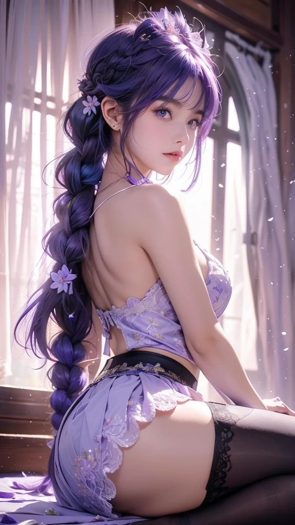 {best quality}, {very aesthetic}, {ultra-detailed}, nsfw、((spread legs))、Sexy Lolita female character wearing purple armor as a warrior from the Sengoku period、((realistic))、((rope braid hair))、((Mauve blue hair ))、((toned body))、(glistening skin)、**li、、 tight body、((flat chest))、((side boob))、 flat chested、 plump thighs 、 purple armor with violet flower patterns engraved 、((side boob))、(  wearing a cape with a violet flower pattern )、(drape skirt)、 purple armor with violet flowers engraved on it 、 purple high-leg underwear 、Purple tights、 absolute domain、(holding katana)、Dramatic lighting、Brilliant sunrise、 on top of the hill、((Violets dancing ))、(( full bloom in the background ))、(( large violet flowers in full bloom on the front ))、 cinema-like scene 、 Max Image、 Ultra High Definition、8k、masterpiece、crisp quality、