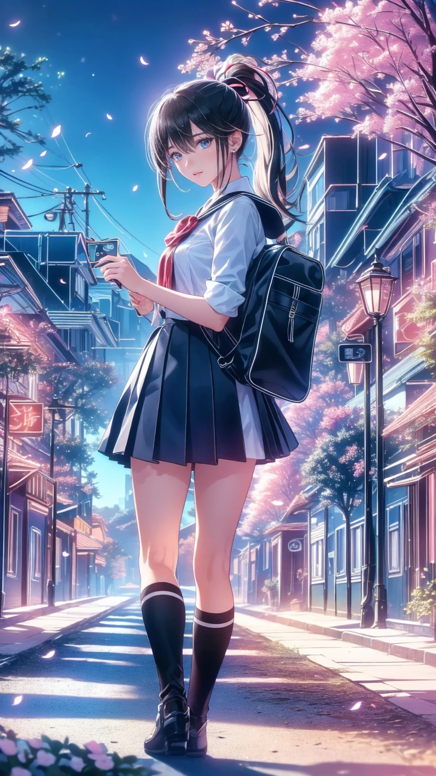 ((8k,  top quality, masterpiece: 1.3)), super high resolution,( 1 girl, Alone), ( Color changing eyes,  ultra detail, Expressive brilliance,  glitter,  glowing eyes),  extremely detailed eyes,  very detailed face, Random Hair, (( pastel colors)),Dressed in a navy-blue  school uniform with a pleated skirt and white blouse,  a girl is walking down a quiet street ,  rucksack on one shoulder . Her long,  black hair tied in a pretty ponytail ,  hall posing in studio with . 通りはcherry blossomsの木に囲まれている, cherry blossomsの花びらが彼女の周りを舞っている,  creates a picturesque landscape .  as she humps a song 、 has a slight smile ,  enjoying a quiet walk to school . The sun has just risen  , Soft Cast,  the golden color that spreads through the scene ,  and a light breeze softens the hem of her skirt. ( early morning,  school uniform,  gentle expression , cherry blossoms)
