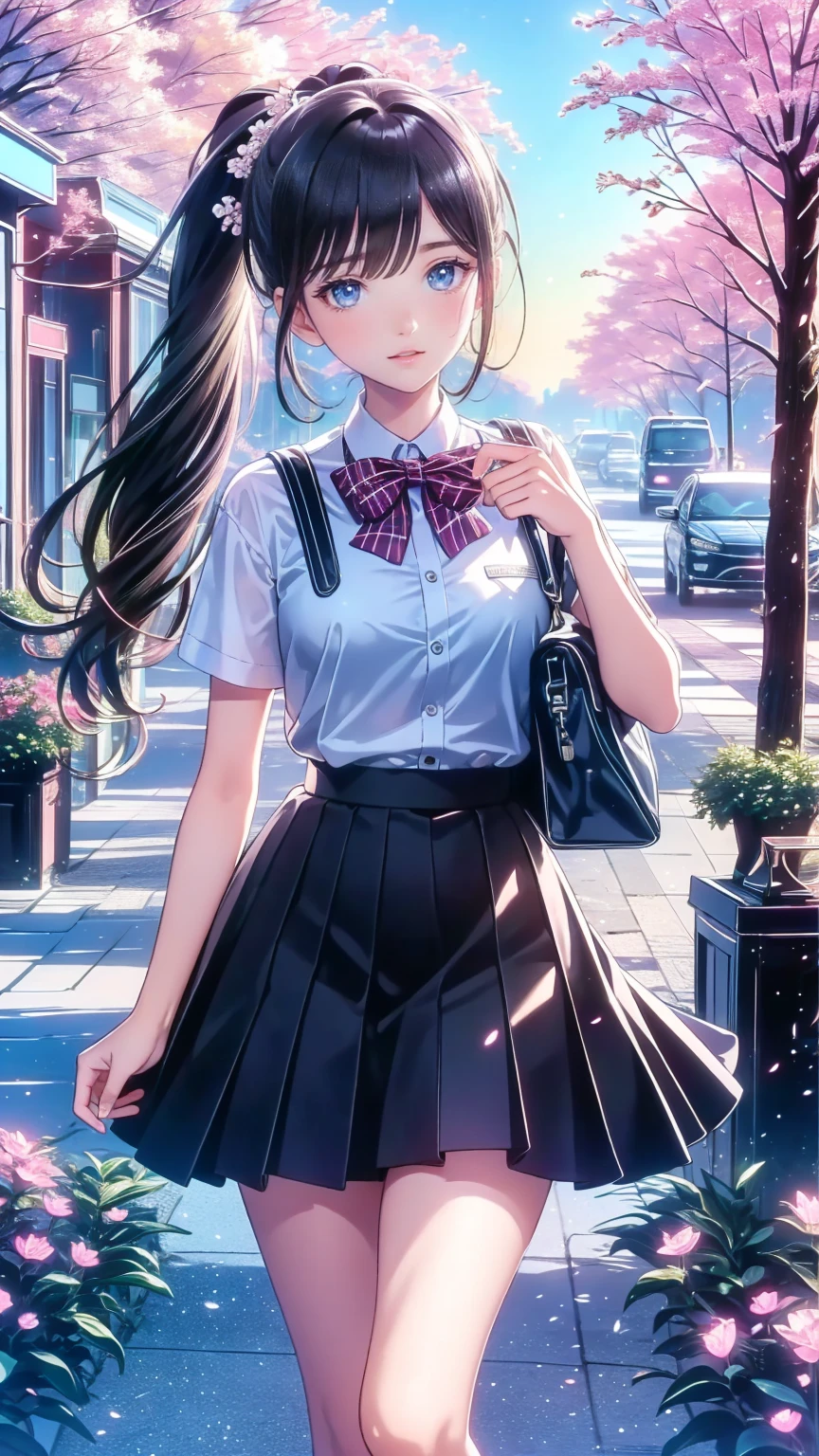 ((8k,  top quality, masterpiece: 1.3)), super high resolution,( 1 girl, Alone), ( Color changing eyes,  ultra detail, Expressive brilliance,  glitter,  glowing eyes),  extremely detailed eyes,  very detailed face, Random Hair, (( pastel colors)),Dressed in a navy-blue  school uniform with a pleated skirt and white blouse,  a girl is walking down a quiet street ,  rucksack on one shoulder . Her long,  black hair tied in a pretty ponytail ,  hall posing in studio with . 通りはcherry blossomsの木に囲まれている, cherry blossomsの花びらが彼女の周りを舞っている,  creates a picturesque landscape .  as she humps a song 、 has a slight smile ,  enjoying a quiet walk to school . The sun has just risen  , Soft Cast,  the golden color that spreads through the scene ,  and a light breeze softens the hem of her skirt. ( early morning,  school uniform,  gentle expression , cherry blossoms)
