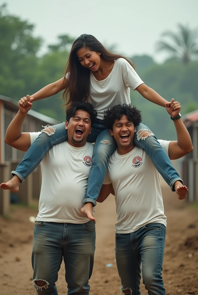 Image of strong man with woman on shoulders and two girls