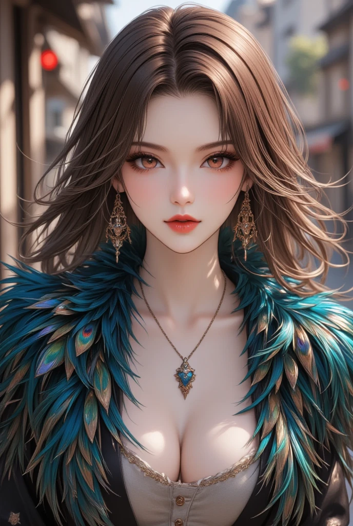 sexy beauty, shiny silky hair, amorous and lewd expression, captivating eyes, sexy red lips, superlative body proportion, wearing cool long coat made of iridescent peacock feathers, another dimension, effective effects, bold and dynamic, contrasts of light and shadow, 2.5D, artistic photography, hyper realistic, ultra detailed, absolutely resolution, masterpiece