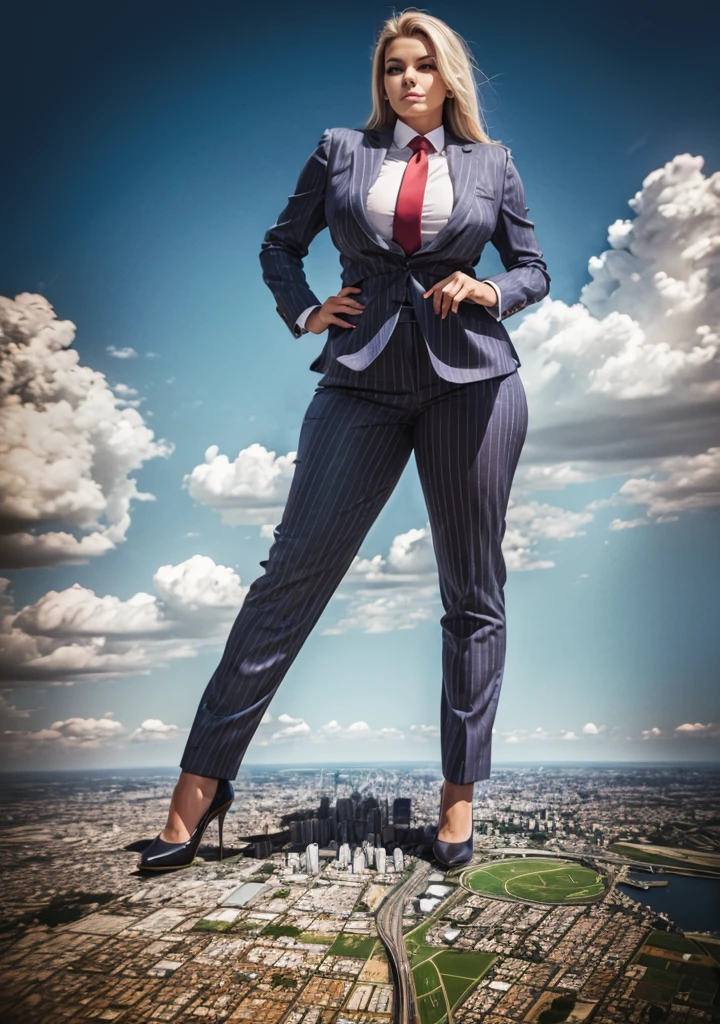 massive 100 miles tall giantess A sophisticated and stylish woman in a light grey italian pinstriped trousers suit, white shirt tucked neatly in trousers, and a 10cm wide blue necktie in a windsor knot, with a beautiful, curvaceous figure, massive breasts, and long blonde hair, with a curvaceous figure and massive breasts. wearing red rounded court shoes high heels with uncovered feet and standing, rampage-like pose, with a cityscape background of mega-city, urban sprawl, and small towns, partially obscured by a hazy, cloudy atmosphere. The image is a high-resolution, masterpiece-quality, cinematic, ultra-detailed, and hyper-photorealistic photograph, with perfect hands, face, and lighting. ultra-detailed, 8K, photo-realistic, hyper-realistic, masterpiece, intricate details, full body view. Looking at camera, The image is a high-resolution, masterpiece-quality, cinematic, ultra-detailed, and hyper-photorealistic photograph, with perfect hands, face, and lighting. ultra-detailed, 8K, photo-realistic, hyper-realistic, masterpiece, intricate details, full body view