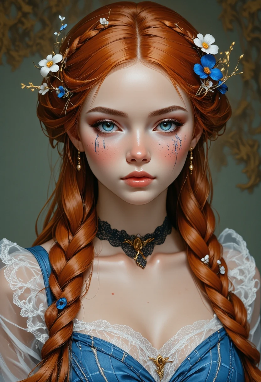 A 22-year-old woman with fiery ginger hair cascading down in soft waves, styled into charming milkmaid braids interwoven with delicate wildflowers. Her porcelain complexion is adorned with a sprinkle of freckles, framing her strikingly bright blue eyes that sparkle with warmth and curiosity. High, elegant cheekbones accentuate a button nose and plush, rosy lips, giving her an enchanting and youthful allure. Her petite frame is draped in bobby socks with playful pastel stripes, complementing a flirty, blue chambray plaid short skirt that sways with every step. She exudes an air of sophistication in a sheer white button-down shirt, tastefully tucked in and adorned with a dainty black lace choker that gracefully encircles her neck, adding a touch of elegance to her ensemble. ultralong short, extremally detailed. hi-rez.