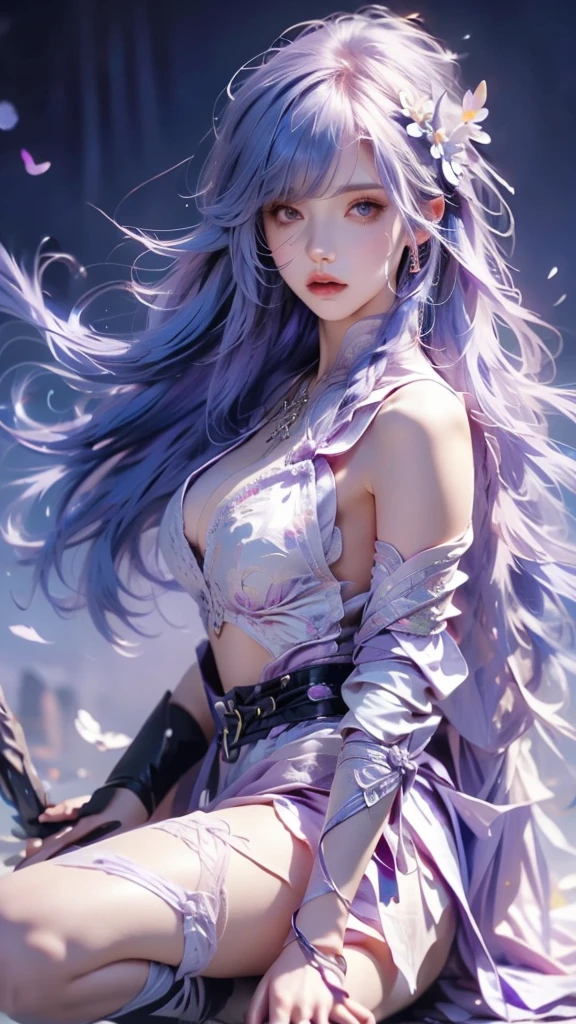 {best quality}, {very aesthetic}, {ultra-detailed}, nsfw、((spread legs))、Sexy Lolita female character wearing purple armor as a warrior from the Sengoku period、((realistic))、((rope braid hair))、((Mauve blue hair ))、((toned body))、(glistening skin)、loli、、 tight body、((flat chest))、((side boob))、 flat chested、 plump thighs 、 purple armor with violet flower patterns engraved 、((side boob))、(  wearing a cape with a violet flower pattern )、(drape skirt)、 purple armor with violet flowers engraved on it 、 purple high-leg underwear 、Purple tights、 absolute domain、(holding katana)、Dramatic lighting、Brilliant sunrise、 on top of the hill、((Violets dancing ))、(( full bloom in the background ))、(( large violet flowers in full bloom on the front ))、 cinema-like scene 、 Max Image、 Ultra High Definition、8k、masterpiece、crisp quality、