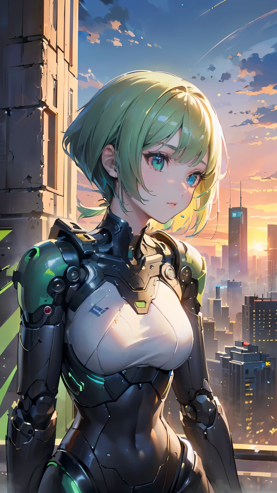 (((Best quality, 8k, Masterpiece: 1.3)), ((best quality)), ((masterpiece)), (detailed), perfect face, perfect body, (detailed skin:1.3), (intricate details), Sci-fi, android, mechanical arms, metallic body, streamlined body, lime green hair, glittering even to the tips, Ruined city and buildings, sunset, Cyberspace, a highly functional mechanical body