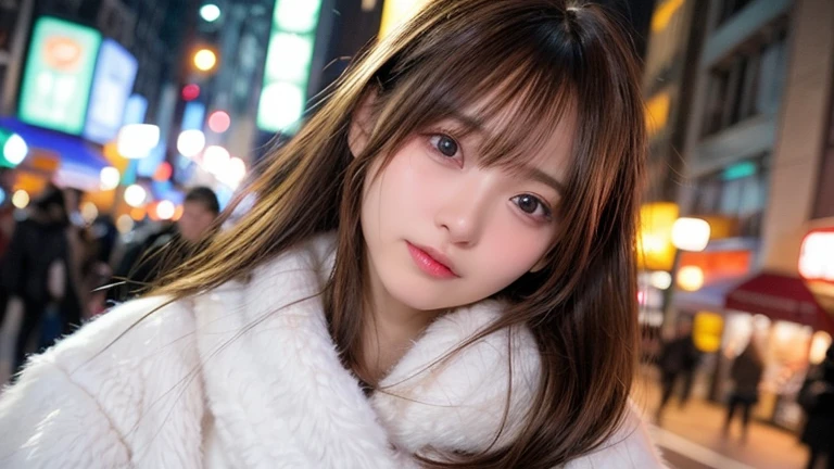 winter, urban area, Tokyo, in the midnight, gorgeous cityscape, amid the crowd, dressed fluffy warm fashion, tilt head forward, fidgeting, expression of heart is pounding with tension, blushing, medium length hair, pale orange and brown hair, hair fluttering in the wind, beautiful white-colored translucent skin, slendar figure, adult sexiness, alluring, glossy face, cold and shivering, {realistic}, {cinematic}, {photogenic}