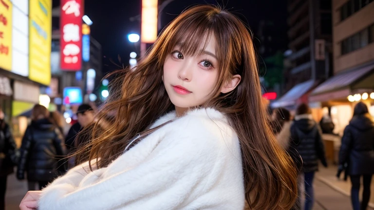 winter, urban area, Tokyo, in the midnight, gorgeous cityscape, amid the crowd, dressed fluffy warm fashion, tilt head forward, fidgeting, expression of heart is pounding with tension, blushing, medium length hair, pale orange and brown hair, hair fluttering in the wind, beautiful white-colored translucent skin, slendar figure, adult sexiness, alluring, glossy face, cold and shivering, {realistic}, {cinematic}, {photogenic}