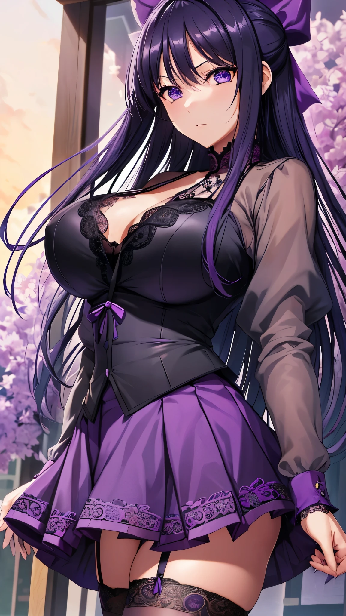 Akane Ryuzoji、 ( top quality) 、 ( top quality) 、( masterpiece )、(8k resolution),Beauty、(  mature )（  perfect style ）、(  Very Big Breasts :1.3)、 Dark blue long hair、  purple ribbon 、 Angry face、（ Get closer ）、(  black and purple lace garter belt)、(black and purple lace bra  )、( purple pleated skirt) 、（ Look forward ）