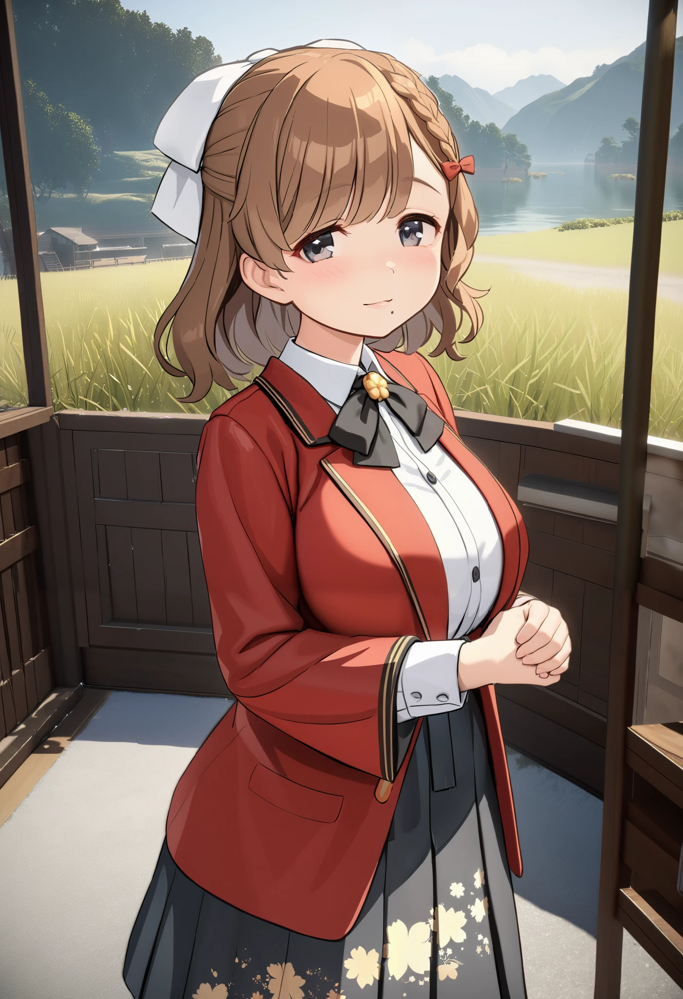  1 girl, , (yuzu modoki),  brown hair ,  dark eyes,  moles under the mouth ,  hair bow, Red Ribbon, French Braid ,  HALF UP, hair ribbon,  white ribbon,   black bow tie,  white collared shirt,  Long Sleeve ,  wide sleeve over mouth,  high waisted skirt with open vest,  black skirt,  pleated skirt, ( floral print ),  cowboy shot,  Big Breasts ,  black ribbon,  red jacket,  open jacket, Put your hands together ,  she looks frozen and terribly wet , (  Masterpiece ,  top quality),  outdoor,  detailed landscape , ( 3d rendering:0.2),  high definition,   detailed ,   closed mouse,  light smile , 