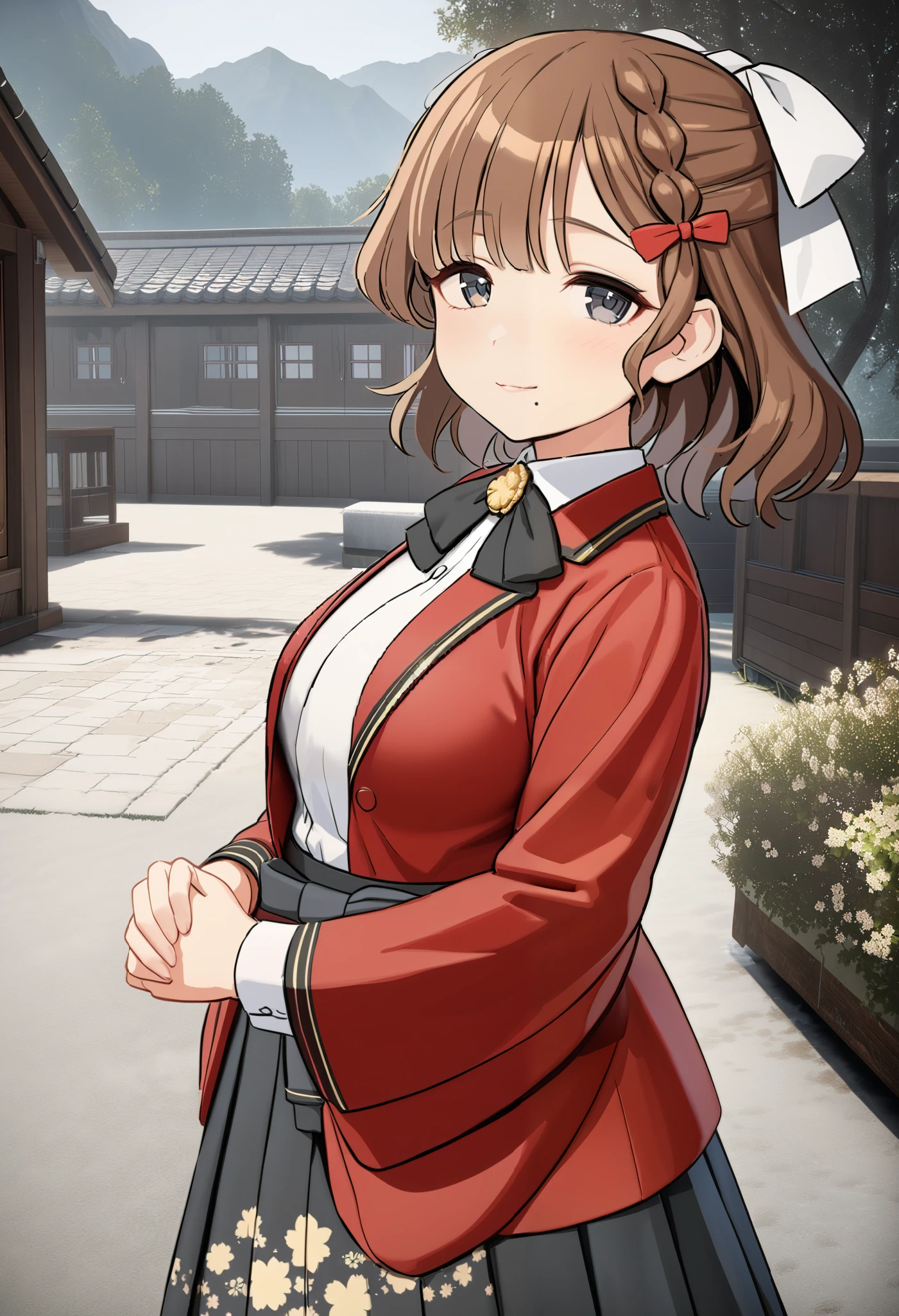  1 girl, , (yuzu modoki),  brown hair ,  dark eyes,  moles under the mouth ,  hair bow, Red Ribbon, French Braid ,  HALF UP, hair ribbon,  white ribbon,   black bow tie,  white collared shirt,  Long Sleeve ,  wide sleeve over mouth,  high waisted skirt with open vest,  black skirt,  pleated skirt, ( floral print ),  cowboy shot,  Big Breasts ,  black ribbon,  red jacket,  open jacket, Put your hands together ,  she looks frozen and terribly wet , (  Masterpiece ,  top quality),  outdoor,  detailed landscape , ( 3d rendering:0.2),  high definition,   detailed ,   closed mouse,  light smile , 