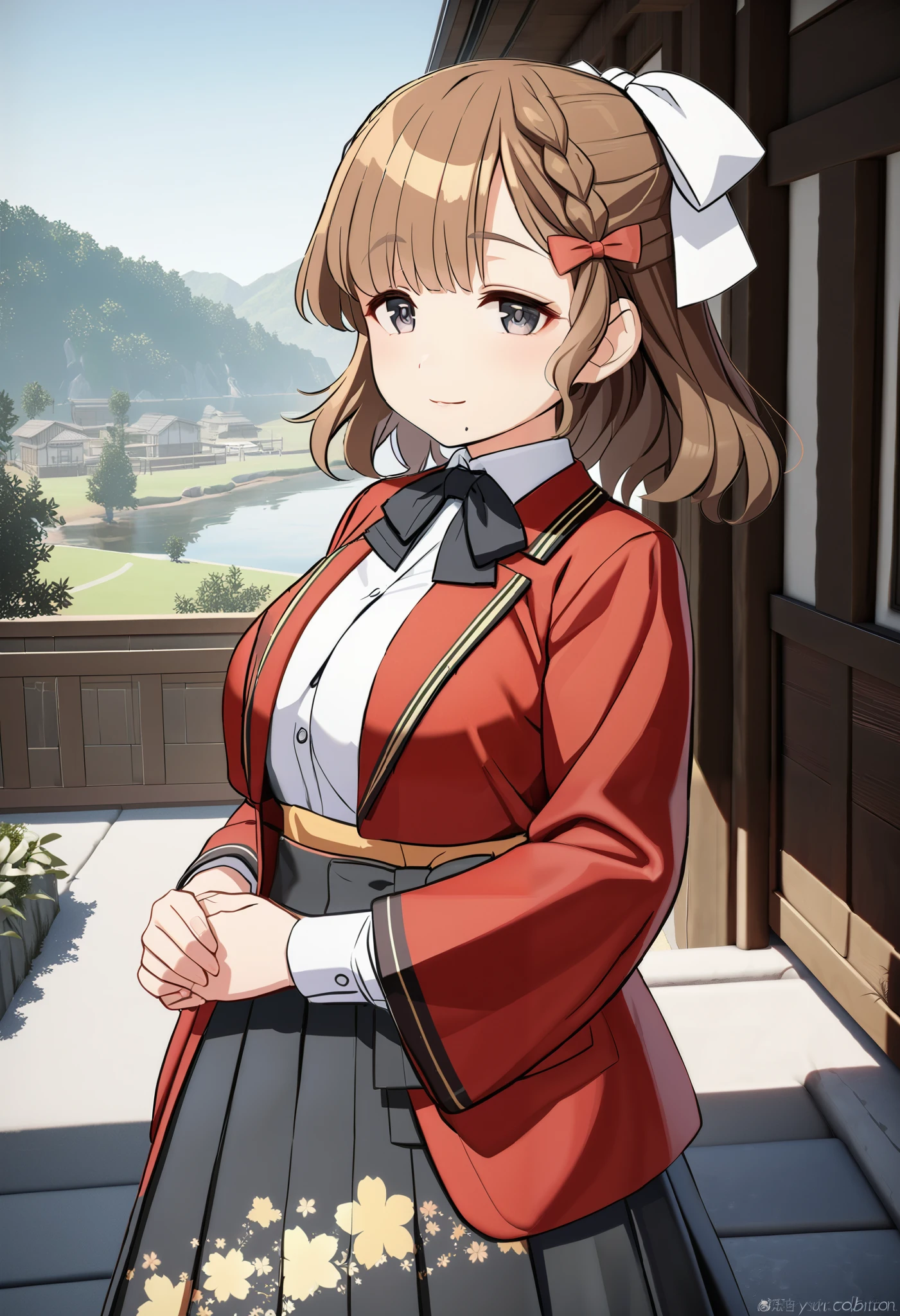  1 girl, , (yuzu modoki),  brown hair ,  dark eyes,  moles under the mouth ,  hair bow, Red Ribbon, French Braid ,  HALF UP, hair ribbon,  white ribbon,   black bow tie,  white collared shirt,  Long Sleeve ,  wide sleeve over mouth,  high waisted skirt with open vest,  black skirt,  pleated skirt, ( floral print ),  cowboy shot,  Big Breasts ,  black ribbon,  red jacket,  open jacket, Put your hands together ,  she looks frozen and terribly wet , (  Masterpiece ,  top quality),  outdoor,  detailed landscape , ( 3d rendering:0.2),  high definition,   detailed ,   closed mouse,  light smile , 