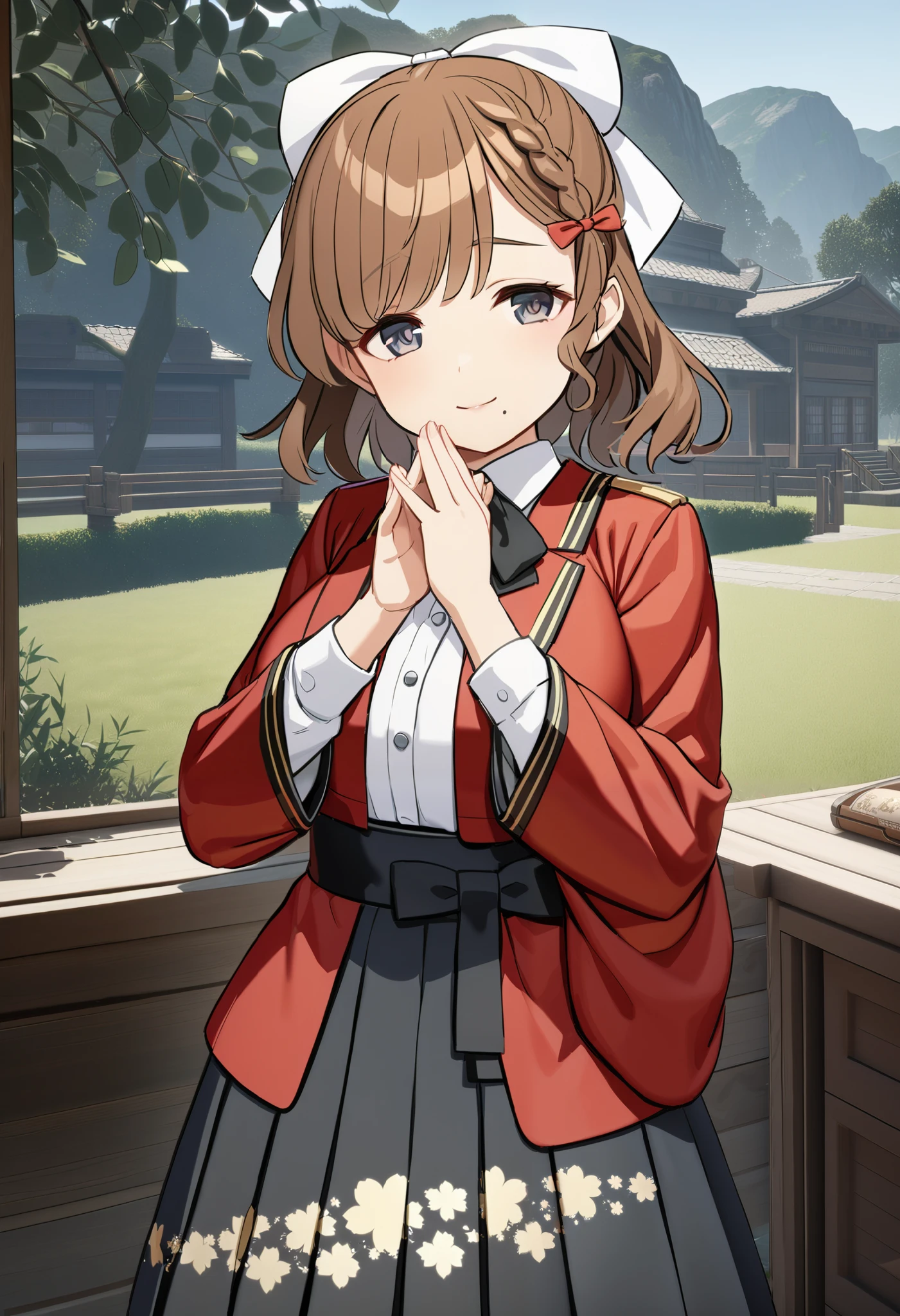  1 girl, , (yuzu modoki),  brown hair ,  dark eyes,  moles under the mouth ,  hair bow, Red Ribbon, French Braid ,  HALF UP, hair ribbon,  white ribbon,   black bow tie,  white collared shirt,  Long Sleeve ,  wide sleeve over mouth,  high waisted skirt with open vest,  black skirt,  pleated skirt, ( floral print ),  cowboy shot,  Big Breasts ,  black ribbon,  red jacket,  open jacket, Put your hands together ,  why not, (  Masterpiece ,  top quality),  outdoor,  detailed landscape , ( 3d rendering:0.2),  high definition,   detailed ,   closed mouse,  light smile , 