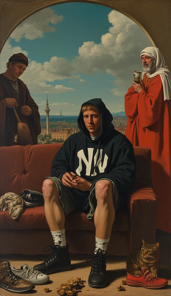 A surreal artwork inspired by classical Renaissance paintings, depicting a modern urban character sitting on a worn-out couch. The character wears a black hoodie with a large 'NY' logo, and oversized basketball shorts. The setting is a mix of classical and urban styles: an arched background with a Renaissance-style sky and distant old city. On the ground around the couch, there are scattered items like sneakers (one red and white, one black and white), a videogame console super nintendo, a cat and a skateboard table The lighting is dramatic and soft, highlighting the contrast between old and modern aesthetics. Include two blurred figures in classical robes on either side of the main character, resembling Renaissance-style apostles.