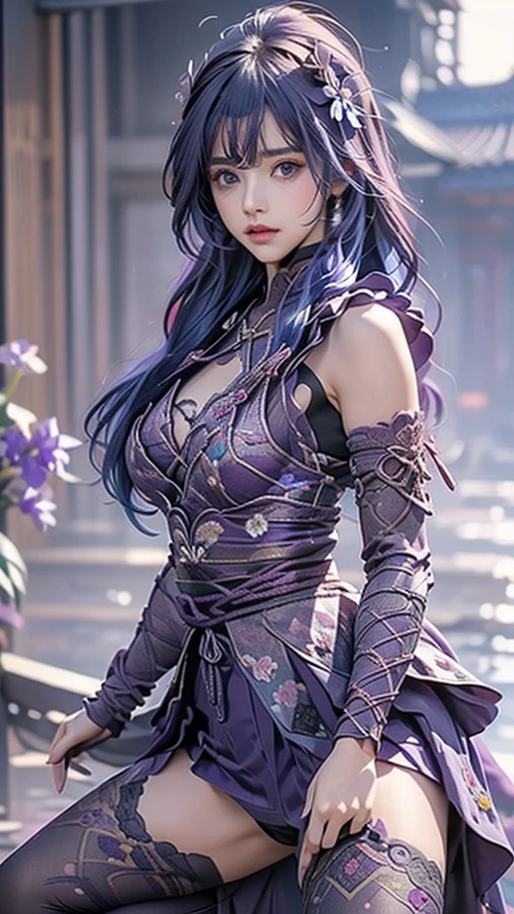 {best quality}, {very aesthetic}, {ultra-detailed}, nsfw、((spread legs))、Sexy Lolita female character wearing purple armor as a warrior from the Sengoku period、((realistic))、((rope braid hair))、((Mauve blue hair ))、((toned body))、(glistening skin)、loli、、 tight body、((flat chest))、((side boob))、 flat chested、 plump thighs 、 purple armor with violet flower patterns engraved 、((side boob))、(  wearing a cape with a violet flower pattern )、(drape skirt)、 purple armor with violet flowers engraved on it 、 purple high-leg underwear 、Purple tights、 absolute domain、(holding katana)、Dramatic lighting、Brilliant sunrise、 on top of the hill、((Violets dancing ))、(( full bloom in the background ))、(( large violet flowers in full bloom on the front ))、 cinema-like scene 、 Max Image、 Ultra High Definition、8k、masterpiece、crisp quality、