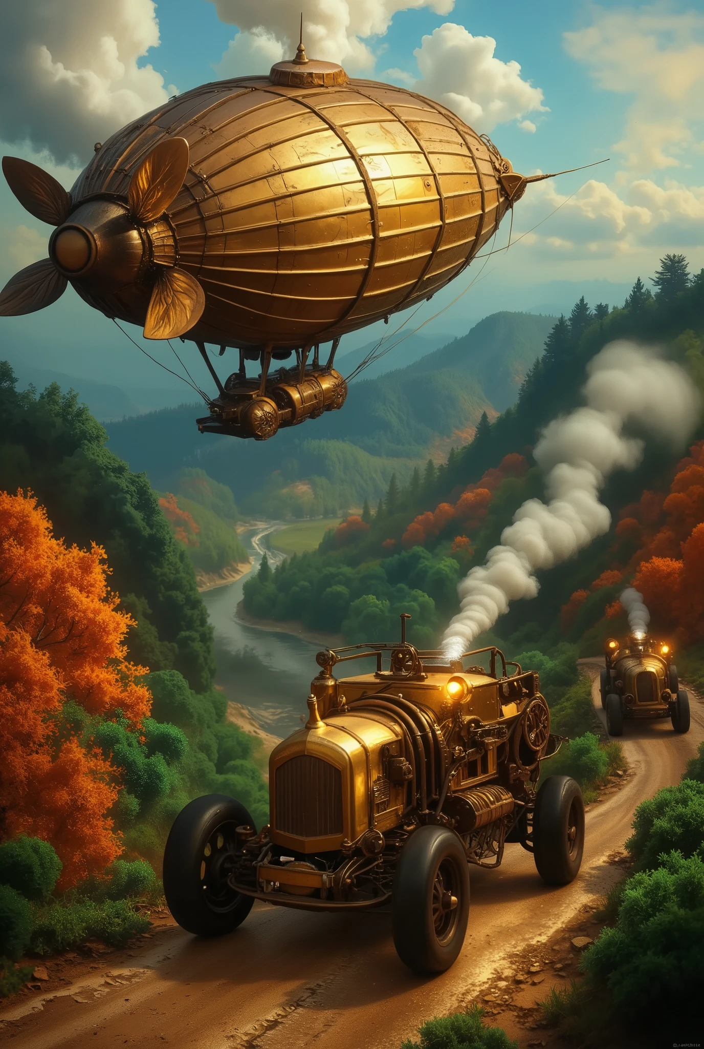 A detailed Steampunk Airship Zeppelin with intricate design, featuring polished brass, exposed gears, and steam vents releasing thick, pure white smoke. The zeppelin's hull is adorned with ornate rivets, copper accents, and Victorian-style filigree. Large propellers and mechanical wings propel it gracefully above a colorful, lush forest, with vibrant foliage in shades of green, orange, and red. Below, steampunk-style cars navigate winding brass-paved roads that weave through the forest. The cars feature intricate brass and copper detailing, exposed gears, and small steam vents emitting wisps of vapor, with glowing amber headlights illuminating their path. The setting is bathed in warm, diffused light, creating a harmonious blend of industrial elegance and natural beauty. The scene is rendered in the lush, atmospheric style of Greg Rutkowski, combined with the soft, impressionistic brushstrokes and vibrant palette of Monet, capturing a dreamlike, adventurous atmosphere.