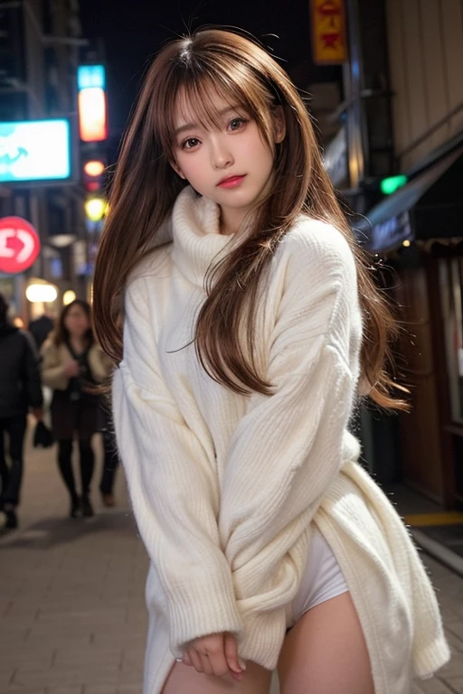 winter, urban area, Tokyo, in the midnight, gorgeous cityscape, amid the crowd, dressed fluffy warm fashion, tilt head forward, fidgeting, expression of heart is pounding with tension, blushing, medium length hair, pale orange and brown hair, hair fluttering in the wind, beautiful white-colored translucent skin, slendar figure, adult sexiness, alluring, glossy face, cold and shivering, {realistic}, {cinematic}, {photogenic}