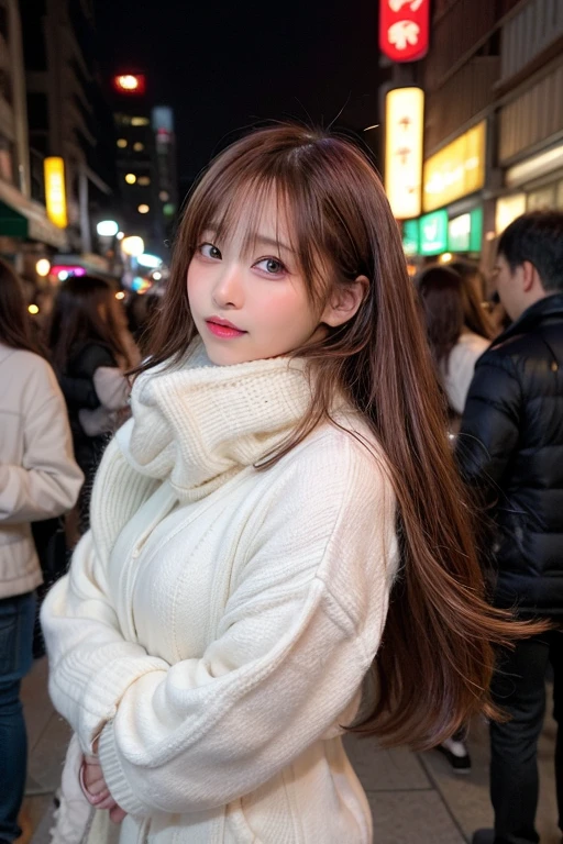 winter, urban area, Tokyo, in the midnight, gorgeous cityscape, amid the crowd, dressed fluffy warm fashion, tilt head forward, fidgeting, expression of heart is pounding with tension, blushing, medium length hair, pale orange and brown hair, hair fluttering in the wind, beautiful white-colored translucent skin, slendar figure, adult sexiness, alluring, glossy face, cold and shivering, {realistic}, {cinematic}, {photogenic}