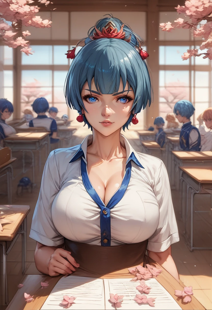 (( top quality )), (( Masterpiece)), (Familiar with),  Perfect Face, eyelash , ( Classroom of the Elite), (Mio Ibuki ), background,Cherry blossom tree,  Blue Short Hair ,  blue eyes ,  big breasts