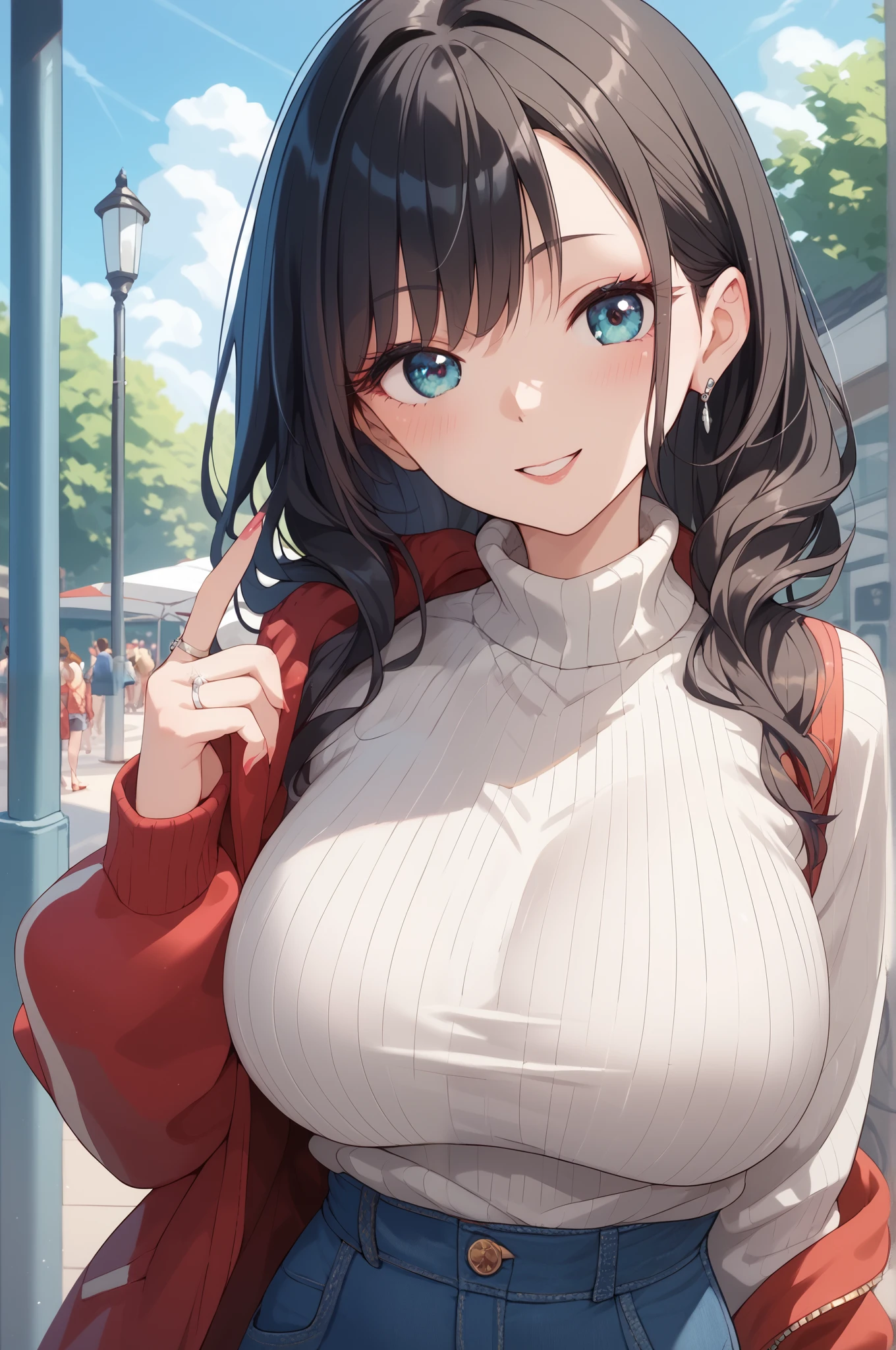 Summer Park　Big Breasts　Perfect System　 summer sweater　 denim skirt　Ring on the ring finger of the left hand　 black hair　 smiles