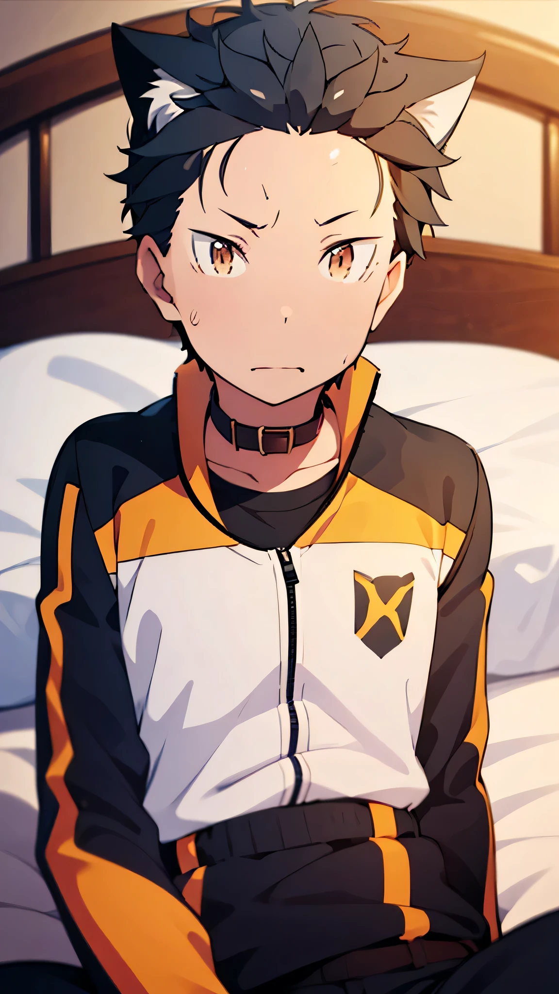 Cat ears, cat tail,Red collar,Natsuki Subaru,Short Hair,((Sweaty,))NFSW+,Natsuki Subaru, boys、 on the bed,upper body,onThe bed,++,Jersey