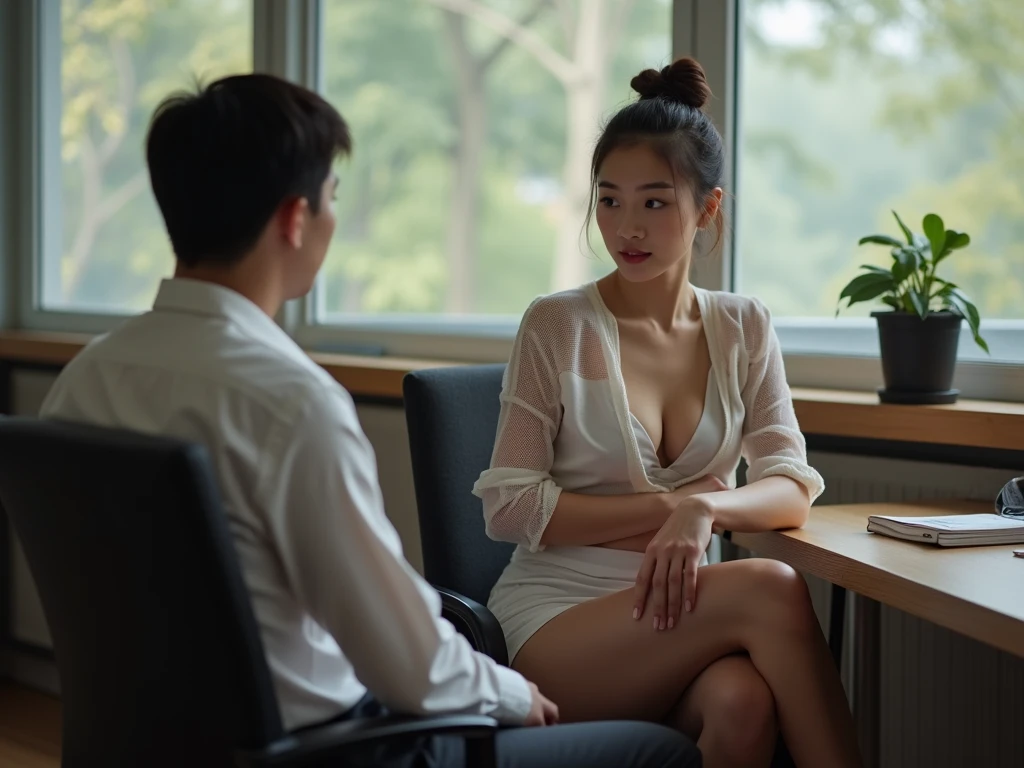 ((((jumpping)Look away and peek masterpiece, ((Luminous Eyes)), top-quality,, ultra-detailliert, (extremely delicate and beautiful work), ((masuter piece)), (Best Quality) ,, (Spread legs) ,((without any clothes)),short wavy hair,ponytail,lying down on the table 、spreads her legs,focus on her thighs, From side view,in office,sexual position missionary,(((man and woman)))