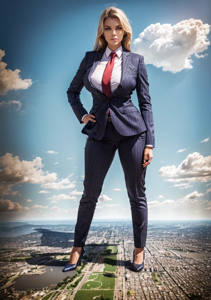  100 miles tall giantess stand upon a tiny planat, A sophisticated and stylish woman in a light grey italian pinstriped trousers suit, white shirt tucked neatly in trousers, and a 10cm width blue necktie in a windsor knot, tie length down to top of trousers, with a beautiful, curvaceous figure, massive breasts, and long blonde hair, with a curvaceous figure and massive breasts. wearing red rounded court shoes high heels with uncovered feet and standing, rampage-like pose, with a cityscape background of mega-city, urban sprawl, and small towns, partially obscured by a hazy, cloudy atmosphere. The image is a high-resolution, masterpiece-quality, cinematic, ultra-detailed, and hyper-photorealistic photograph, with perfect hands, face, and lighting. ultra-detailed, 8K, photo-realistic, hyper-realistic, masterpiece, intricate details, full body view. Looking at camera, The image is a high-resolution, masterpiece-quality, cinematic, ultra-detailed, and hyper-photorealistic photograph, with perfect hands, face, and lighting. ultra-detailed, 8K, photo-realistic, hyper-realistic, masterpiece, intricate details, full body view