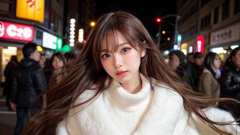 winter, urban area, Tokyo, in the midnight, gorgeous cityscape, amid the crowd, dressed fluffy warm fashion, tilt head forward, fidgeting, expression of heart is pounding with tension, blushing, medium length hair, pale orange and brown hair, hair fluttering in the wind, beautiful white-colored translucent skin, slendar figure, adult sexiness, alluring, glossy face, cold and shivering, {realistic}, {cinematic}, {photogenic}