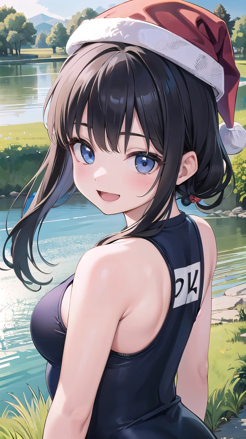 best quality, masterpiece, highres, solo, {kaede_bluearchive:1.15}, animal_ears, breasts, blush, halo, ahoge, hair_bun, yellow_eyes, large_breasts, hair_between_eyes, open_mouth, fang, hair_ornament, single_side_bun, skin_fang, black_hair, oppai_loli, upper_body, brown_hair, hair_flower, 1girl, looking_at_viewer, one-piece_swimsuit, simple_background, swimsuit, white_one-piece_swimsuit, collarbone, smile, white_background, cleavage