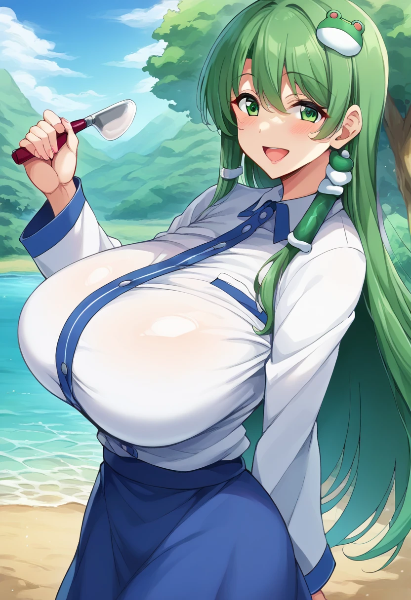 ( masterpiece ), ( top quality), (8k), (  super high resolution), ( top quality), (  Anime Style), (Best writing), (  beautiful face), ( masterpiece ), ( top quality), (detailed  beautiful face and eyes), (  textile shading  ), ( cowboy shooting), (lake), ( Fall Leaves 　Vaginal discharge),  1 girl , Alone, Kochiya Sanae  ,  1 girl ,  green hair,  long hair,  green eyes,  frog hair accessories  , Hair Tube, Snake hair ornament,  colored shirt  ,  white shirt,  detachable sleeves , wide sleeve, blue skirt,  ruffle skirt, Big Breasts , Beautiful breasts , smile, Picking up hair  , from side,,、  zzz c up  , explosive chest,特大の Big Breasts,Big Breasts, Big Breasts,超Big Breasts, supermilk ,big Breasts,big Breasts,Big Breasts,Big big breasts,bigger breasts,big,セクシーな大きなシリコンの Big Breasts,セクシーなビッグサイズのシリコン製Big Breasts,  saggy breasts during pregnancy,((垂れ下がった Big Breasts)),((重く垂れた Big Breasts:1.5))、Obscene body,Fat ,,  Erotic Manga Style Body 、  mature adult-like body steam、 Ser's Huge  、 Ser's Huge  、  s up er exaggerated  、 extra large、 over covered ,  Hidden Breast Erection  、  abs