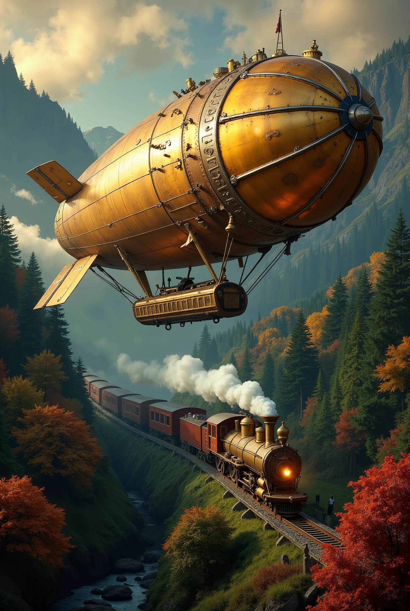 A detailed Steampunk Airship Zeppelin with intricate design, featuring polished brass, exposed gears, and steam vents releasing thick, pure white smoke. The zeppelin's hull is adorned with ornate rivets, copper accents, and Victorian-style filigree. Large propellers and mechanical wings propel it gracefully above a colorful, lush forest, with vibrant foliage in shades of green, orange, and red. Below, steampunk-style cars navigate winding brass-paved roads that weave through the forest. The cars feature intricate brass and copper detailing, exposed gears, and small steam vents emitting wisps of vapor, with glowing amber headlights illuminating their path. The setting is bathed in warm, diffused light, creating a harmonious blend of industrial elegance and natural beauty. The scene is rendered in the lush, atmospheric style of Greg Rutkowski, combined with the soft, impressionistic brushstrokes and vibrant palette of Monet, capturing a dreamlike, adventurous atmosphere.