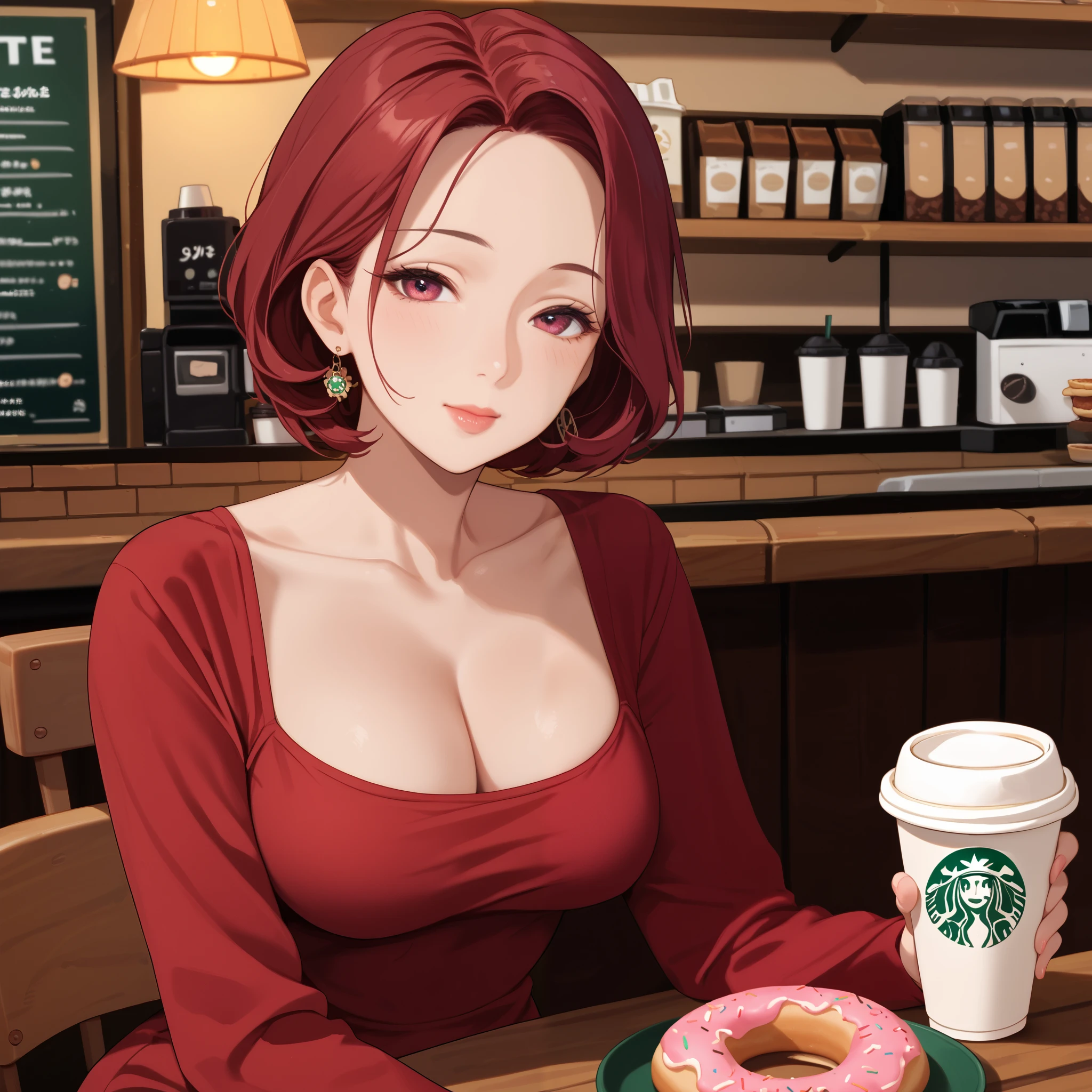 score_9, score_8_up, score_7_up, (1milf, solo), 30years old, (maroon short hair, round bob, forehead), (dongtan dress, medium breasts, cleavage, collarbone), (in the coffee shop, sitting on the wooden chair, coffee cup on the wooden table), eating donuts