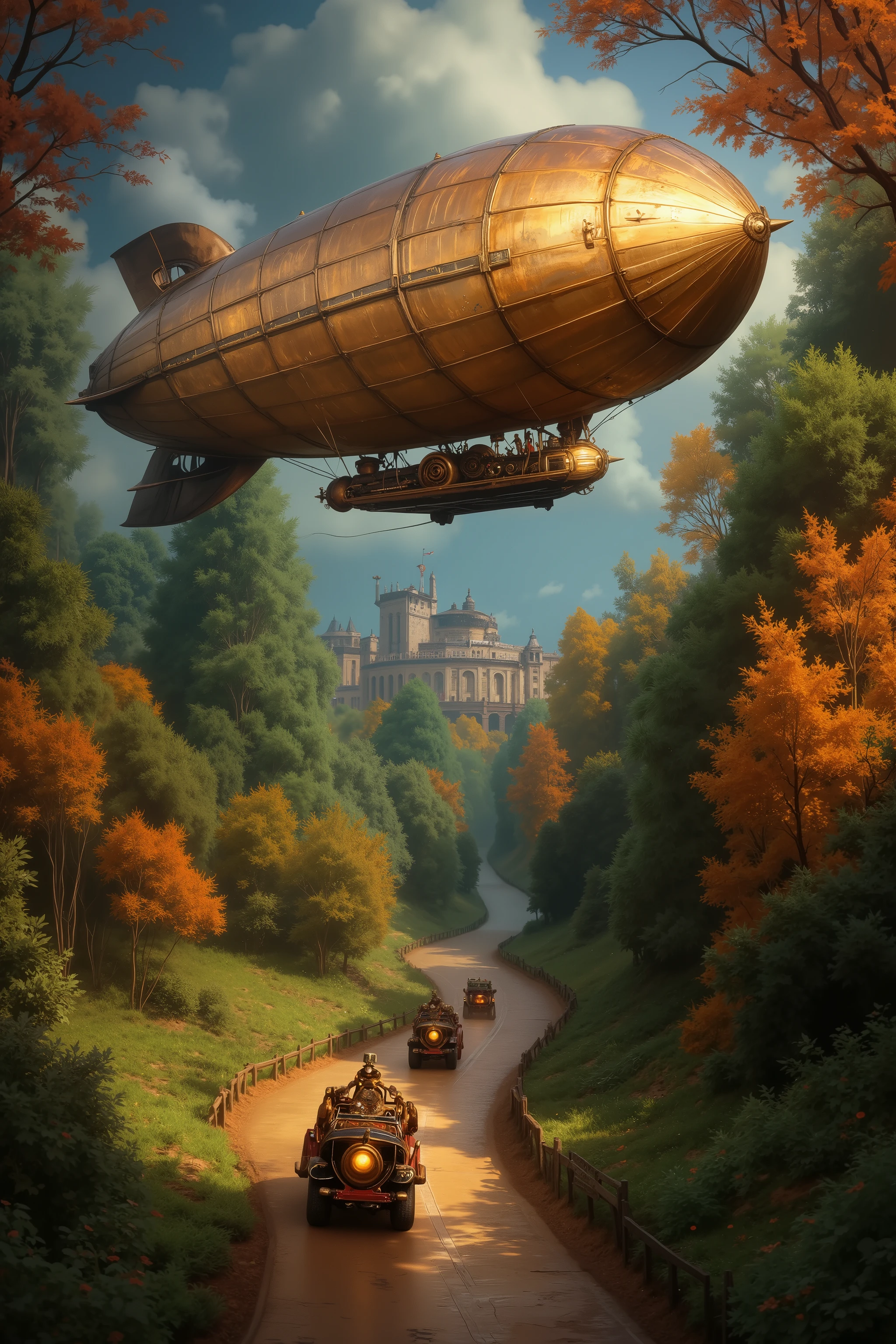 A detailed Steampunk Airship Zeppelin with intricate design, featuring polished brass, exposed gears, and steam vents releasing thick, pure white smoke. The zeppelin's hull is adorned with ornate rivets, copper accents, and Victorian-style filigree. Large propellers and mechanical wings propel it gracefully above a colorful, lush forest, with vibrant foliage in shades of green, orange, and red. Below, steampunk-style cars navigate winding brass-paved roads that weave through the forest. The cars feature intricate brass and copper detailing, exposed gears, and small steam vents emitting wisps of vapor, with glowing amber headlights illuminating their path. The setting is bathed in warm, diffused light, creating a harmonious blend of industrial elegance and natural beauty. The scene is rendered in the lush, atmospheric style of Greg Rutkowski, combined with the soft, impressionistic brushstrokes and vibrant palette of Monet, capturing a dreamlike, adventurous atmosphere.